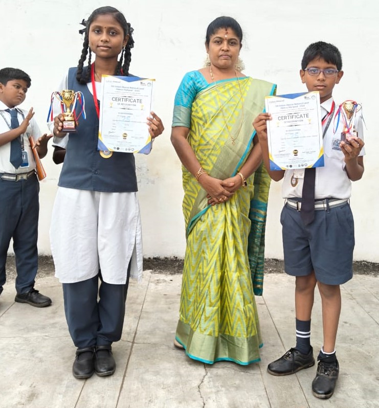 It looks like M. Vishnavimala (VIIA) and M. Gokulavasan (V A) participated in the 5th Indian Abacus National Level Abacus Olympiad 2024 in the Racer Level Competition.